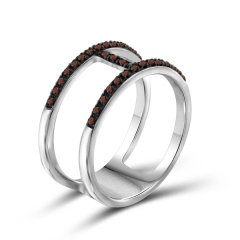Two Color Plated Ruby and Black CZ Double Finger Open Ring in Silver