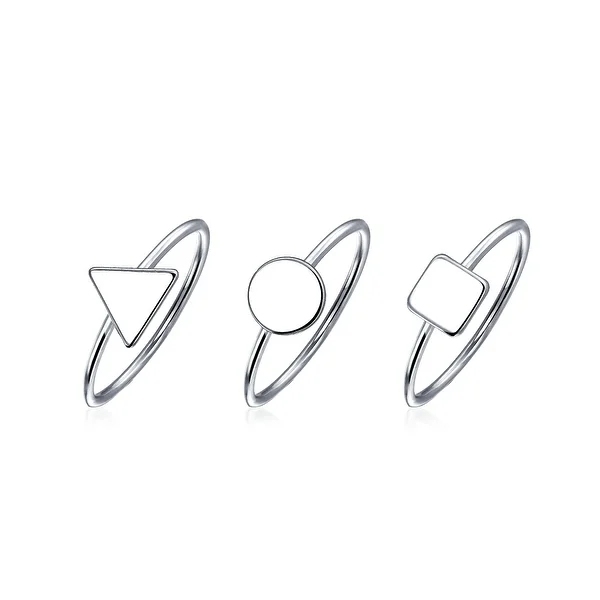 3 Set Minimalist Geometric Pyramid Circle 925 Sterling Silver Midi Knuckle Stackable Ring 1MM Band For Women For Teen