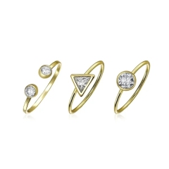 3 Set Geometric Pyramid Circle Bezel CZ 14K Gold Plated Sterling Silver Midi Knuckle Stackable Ring 1MM Band for Teen