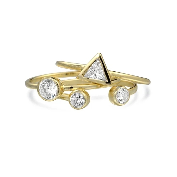 3 Set Geometric Pyramid Circle Bezel CZ 14K Gold Plated Sterling Silver Midi Knuckle Stackable Ring 1MM Band for Teen
