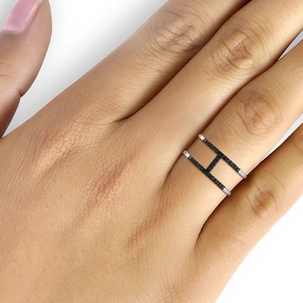 Two Color Plated Ruby and Black CZ Double Finger Open Ring in Silver