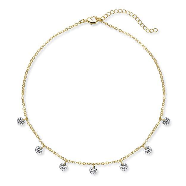 Sterling Silver Dainty Dangling Cubic Zirconia by the Yard Choker Necklace