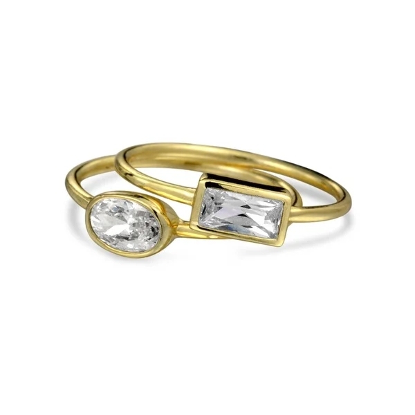 2 Set Geometric Square Circle Bezel CZ 14K Gold Plated Sterling Silver Midi Knuckle Stackable Ring