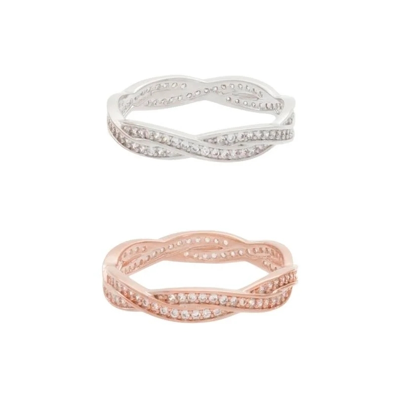 Top Sellers Design Silver or Rose Overlay 2 Row CZ Eternity Band Stackable Ring