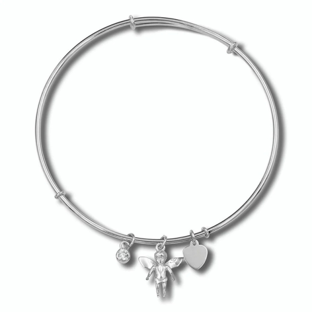 Guardian Angel Charm Adjustable Sterling Silver Bangle Bracelet Fits 7.5" to 8.5" Wrists