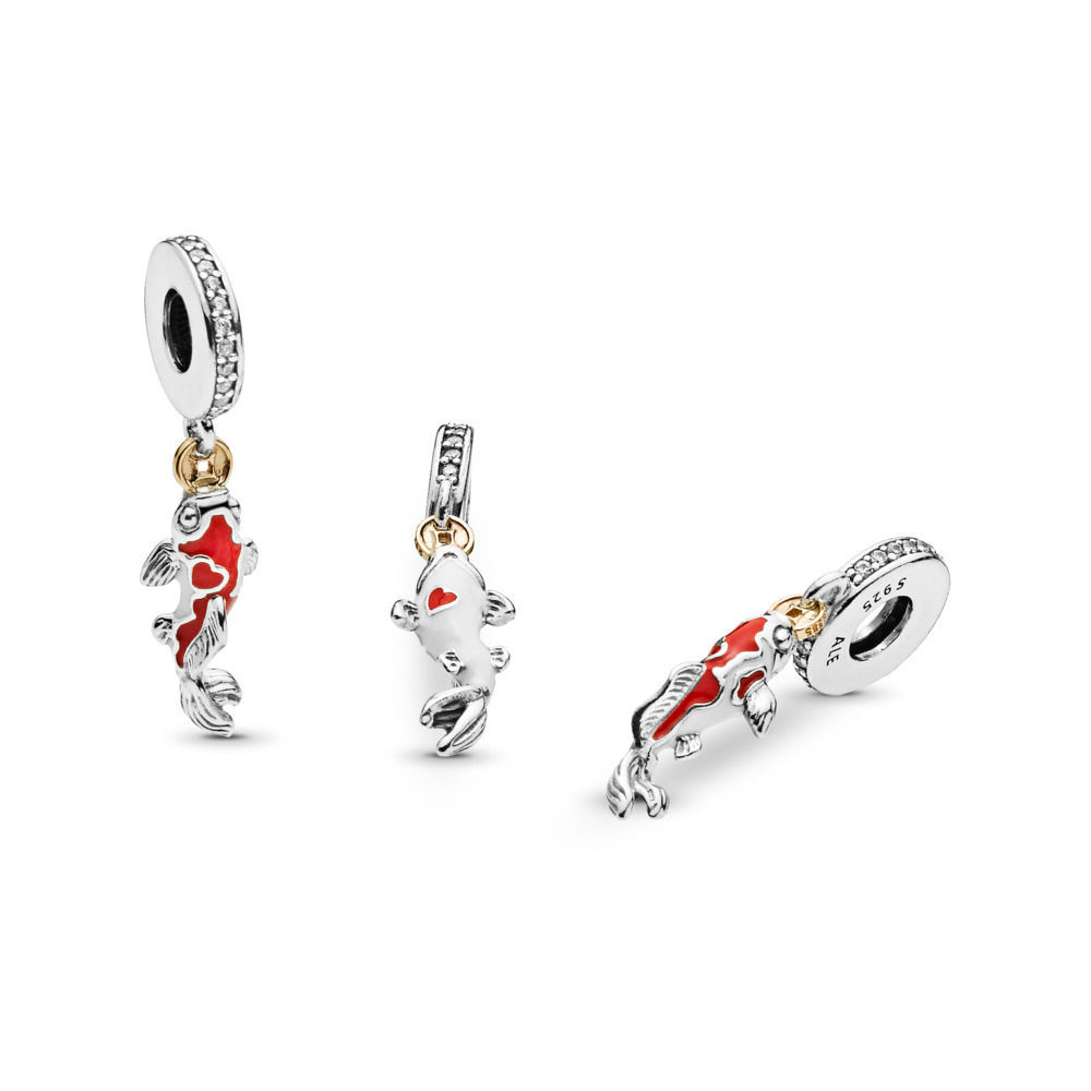 S925 Sterling Good Fortune Carp Hanging Charm, Two Tone, Enamel, Cubic zirconia 797829CZ