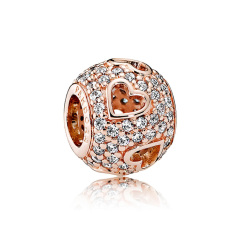 ALE S925 Sterling Silver Rose Plated Clear Cubic Zirconia Tumbling Hearts Charm 781426CZ