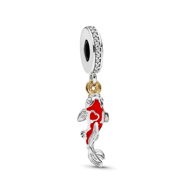 S925 Sterling Good Fortune Carp Hanging Charm, Two Tone, Enamel, Cubic zirconia 797829CZ