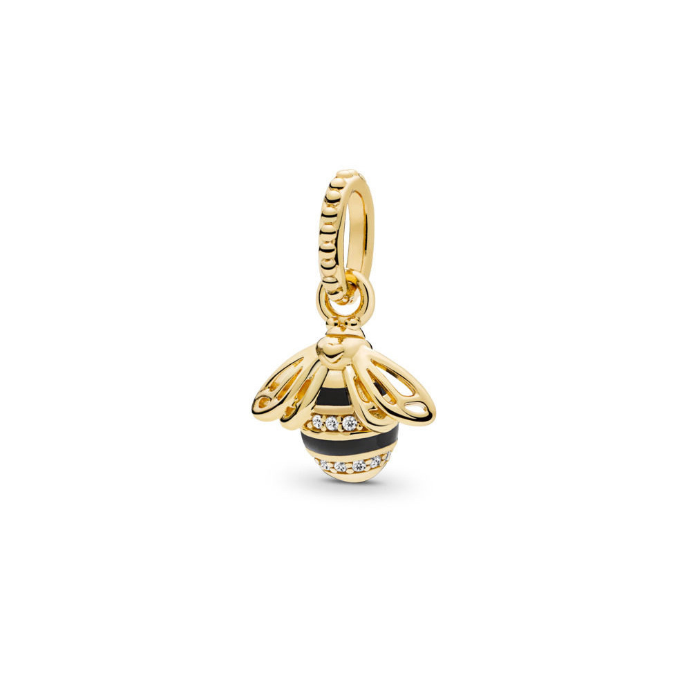 Pretty Design ALE S925 Sterling Silver 18K Gold Plated Clear CZ Black Enamel Queen Bee Pendant 367075EN16