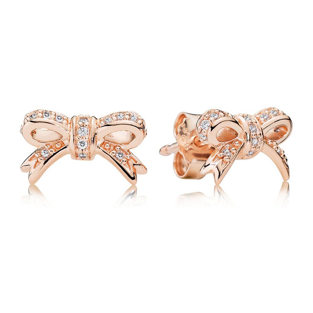 Fine Jewelry Sterling Silver Rose Plated Sparkling Bow Stud Earrings, Cubic Zirconia 280555CZ