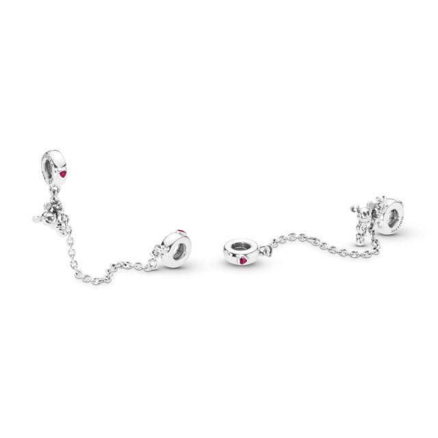 Brand Jewelry Sterling Silver Climbing Mickey Safety Chain, Red Cubic Zirconia 797173CZR