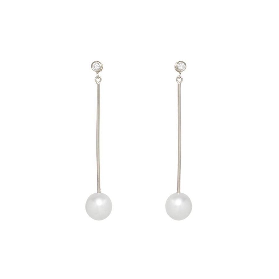 Customized Earrings 14K Long Bar Shell Pearl and Cubic Zirconia Dangle Earrings