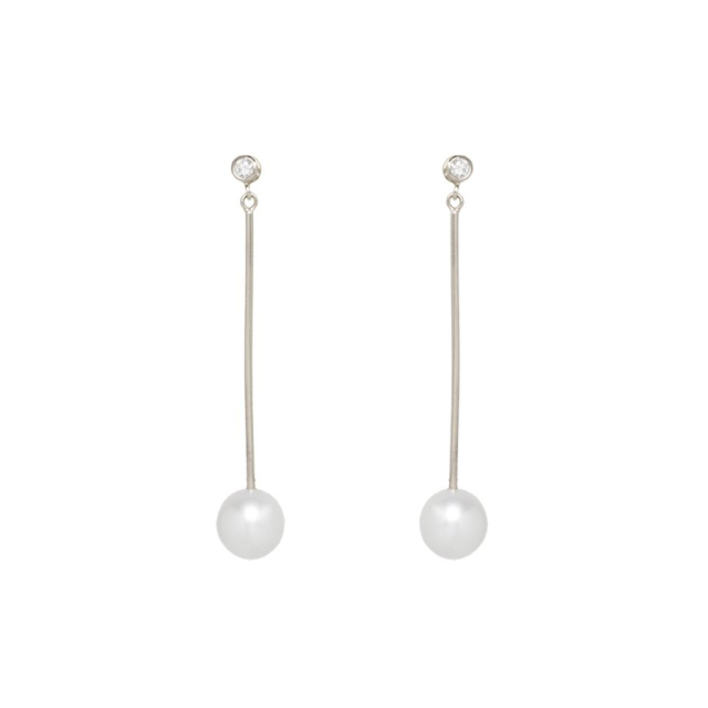Customized Earrings 14K Long Bar Shell Pearl and Cubic Zirconia Dangle Earrings