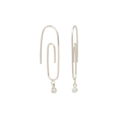 Dainty Jewelry 925 Silver Small Paperclip Dangling Cubic Zirconia Hoops
