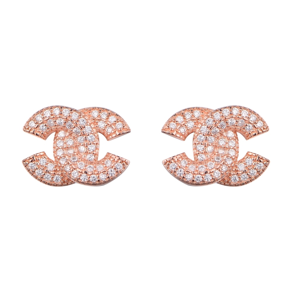Brand Jewelry Sterling Silver Rose Plated Clear Cubic Zirconia Double C Earrings