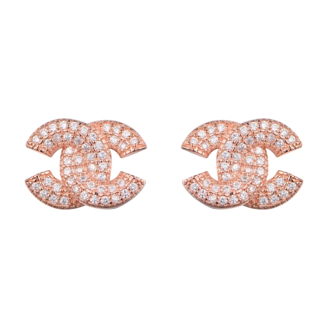Brand Jewelry Sterling Silver Rose Plated Clear Cubic Zirconia Double C Earrings