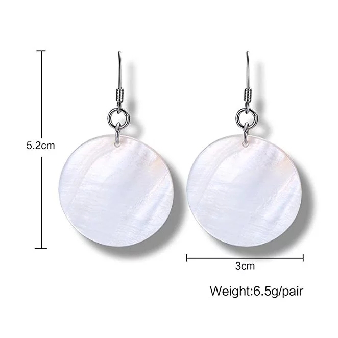 Boho White Mother of Pearl Shell Large Round Drop Earrings