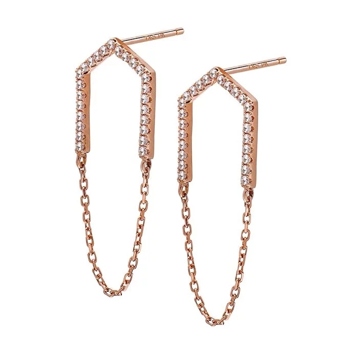 OEM Jewelry Sterling Silver Rose Gold Clear CZ Open Arrow Chain Earrings