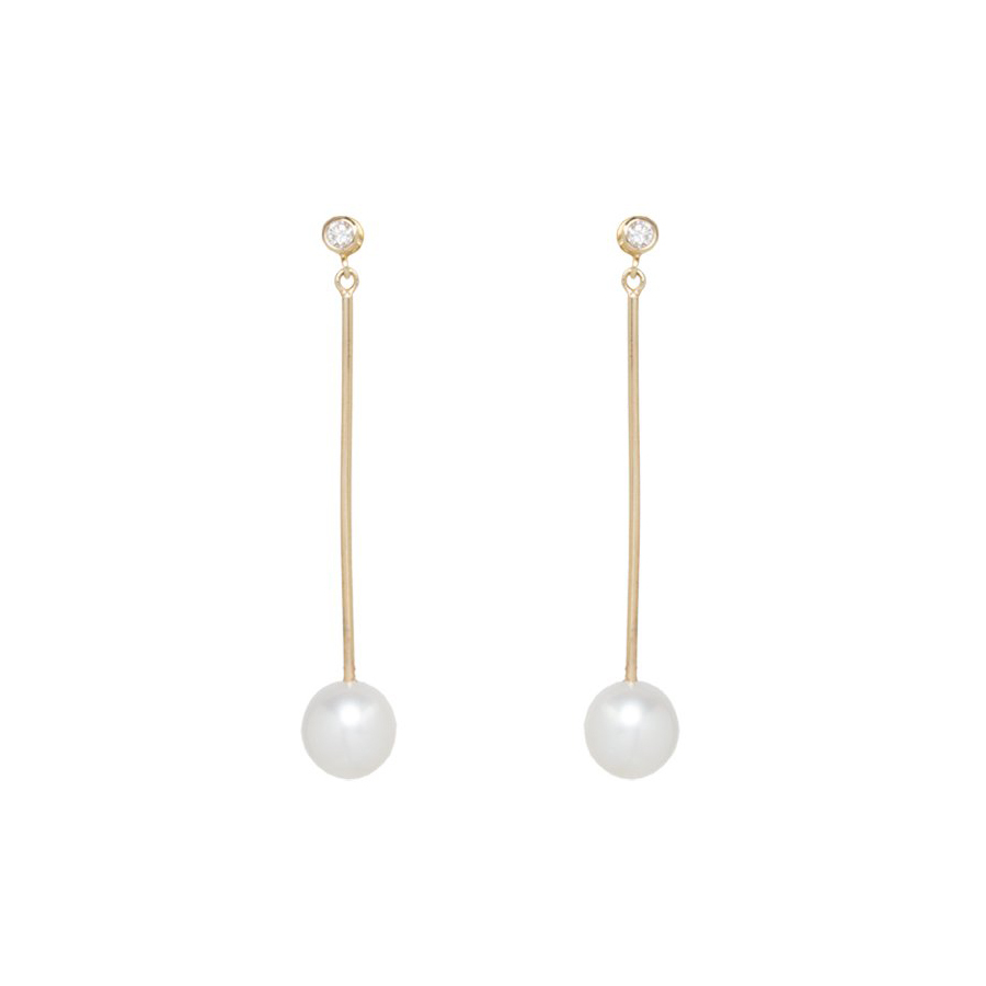 Customized Earrings 14K Long Bar Shell Pearl and Cubic Zirconia Dangle Earrings
