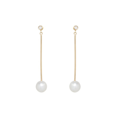 Customized Earrings 14K Long Bar Shell Pearl and Cubic Zirconia Dangle Earrings