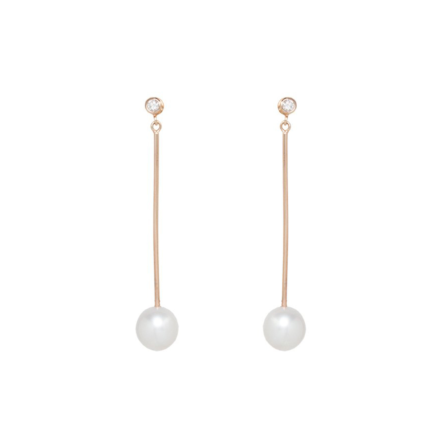 Customized Earrings 14K Long Bar Shell Pearl and Cubic Zirconia Dangle Earrings