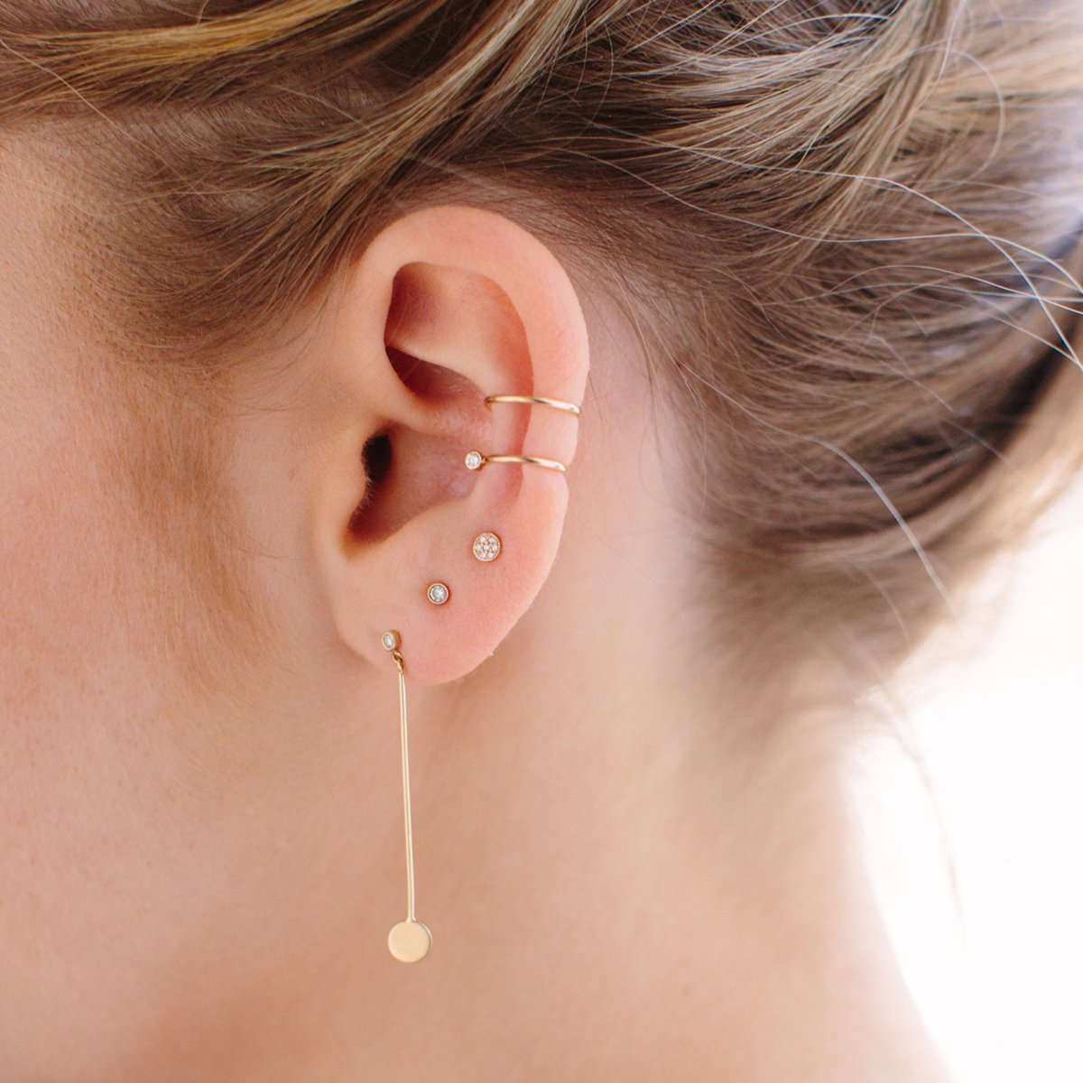 Trendy Model Sterling Silver Cubic Zirconia Long Bar Gold Disc Earrings