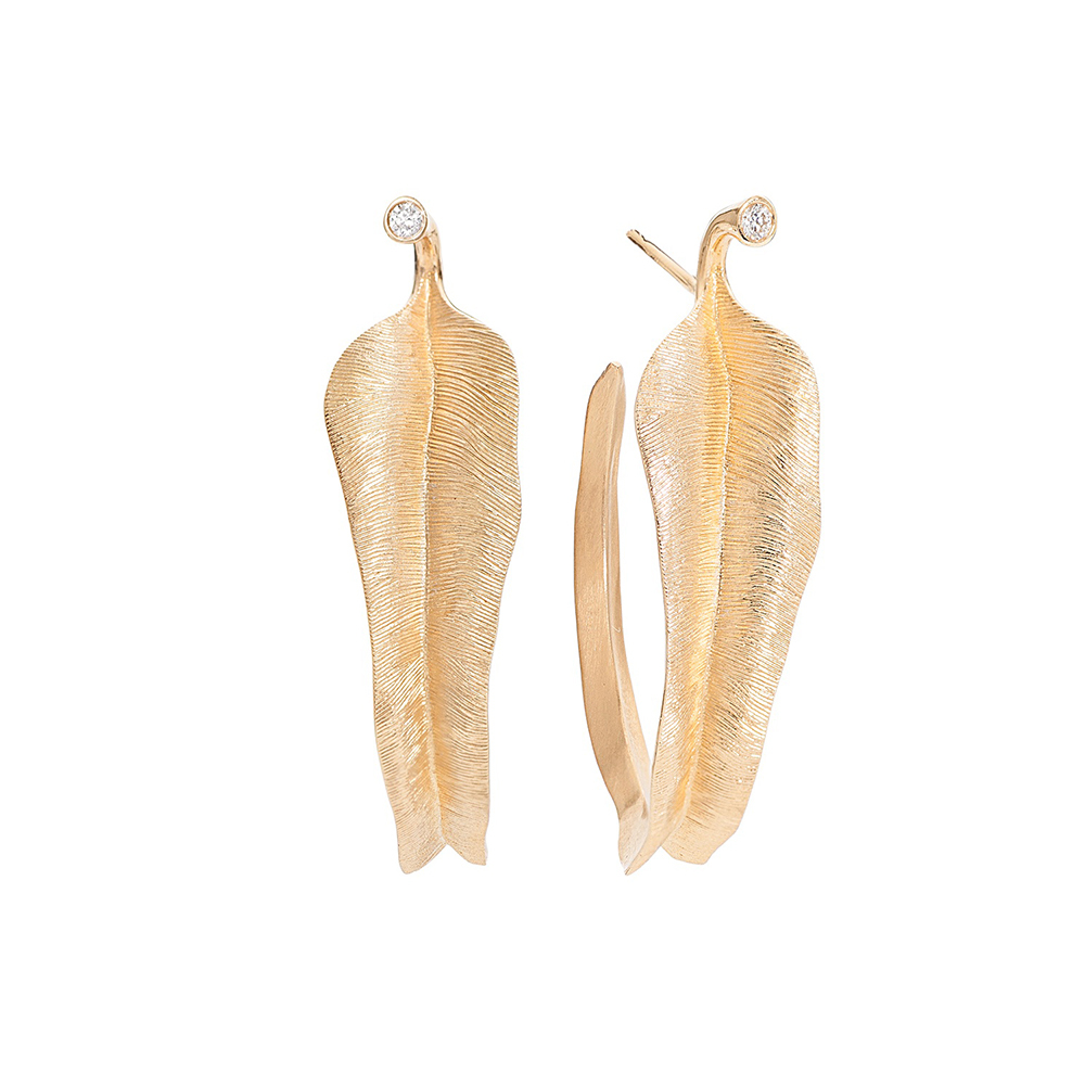 Danmark Vintage Jewelry Sterling Silver CZ Large Leaves Creol Earrings in Gold