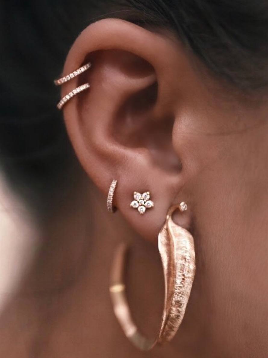 Danmark Vintage Jewelry Sterling Silver CZ Large Leaves Creol Earrings in Gold