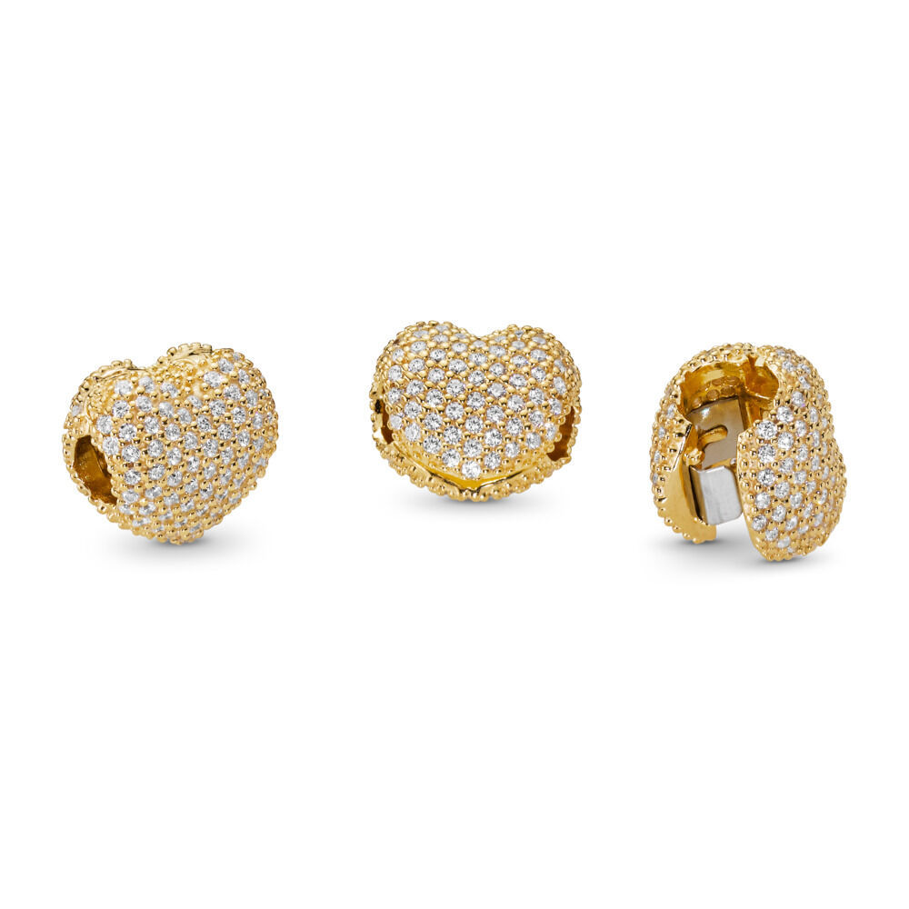 18K Gold Plated Sterling Silver Shine Pave Open My Heart Clip Charm 767156CZ