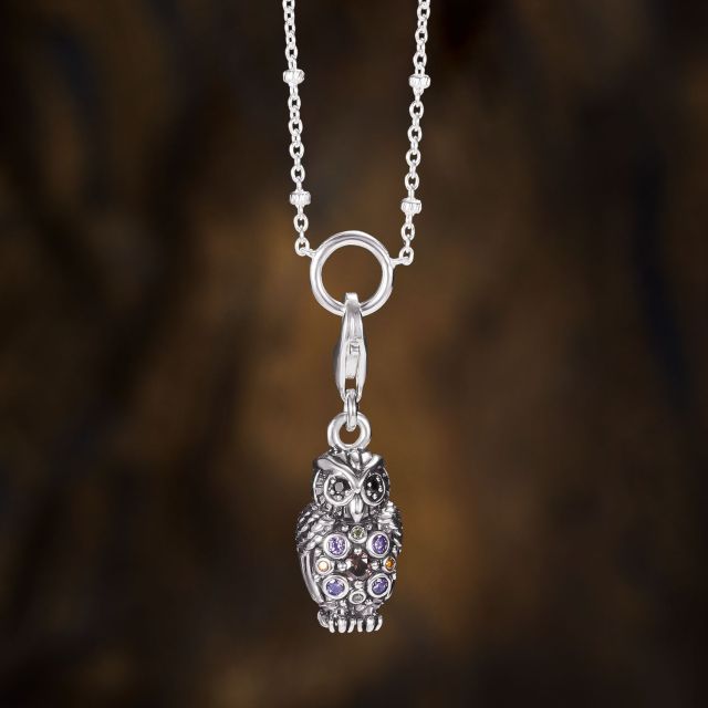925 Sterling Silver Blackened Multicolor Cubic Zirconia Sparkling Owl Charm Pendant with Lobster Clasp 1479-643-7