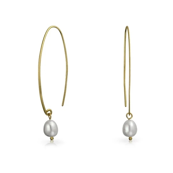 Minimalist White Freshwater Cultured Pearl Wire Threader Earrings for Women 14K Gold Plated 925 Sterling Silver