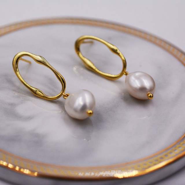 Sterling Silver Irregular Hoop Drop Stud Earrings with Baroque Pearls, Genuine Freshwater Pearls, 18K Gold Plated Silver Earrings