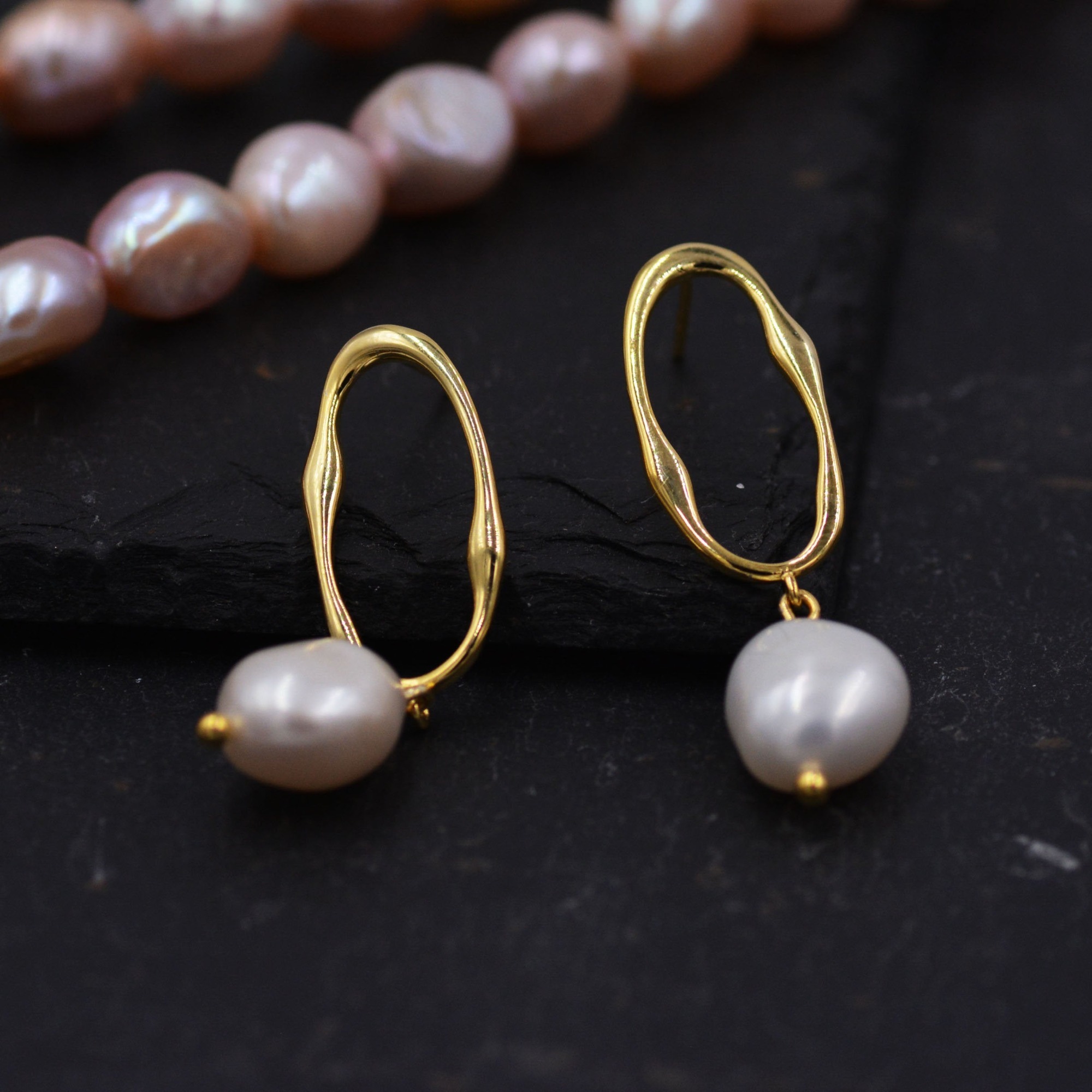 Sterling Silver Irregular Hoop Drop Stud Earrings with Baroque Pearls, Genuine Freshwater Pearls, 18K Gold Plated Silver Earrings