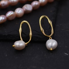 Sterling Silver Irregular Hoop Drop Stud Earrings with Baroque Pearls, Genuine Freshwater Pearls, 18K Gold Plated Silver Earrings