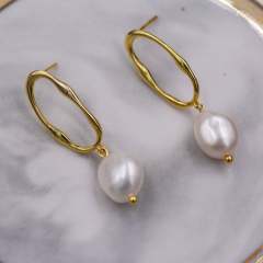 Sterling Silver Irregular Hoop Drop Stud Earrings with Baroque Pearls, Genuine Freshwater Pearls, 18K Gold Plated Silver Earrings