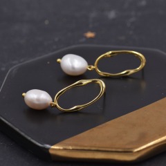 Sterling Silver Irregular Hoop Drop Stud Earrings with Baroque Pearls, Genuine Freshwater Pearls, 18K Gold Plated Silver Earrings