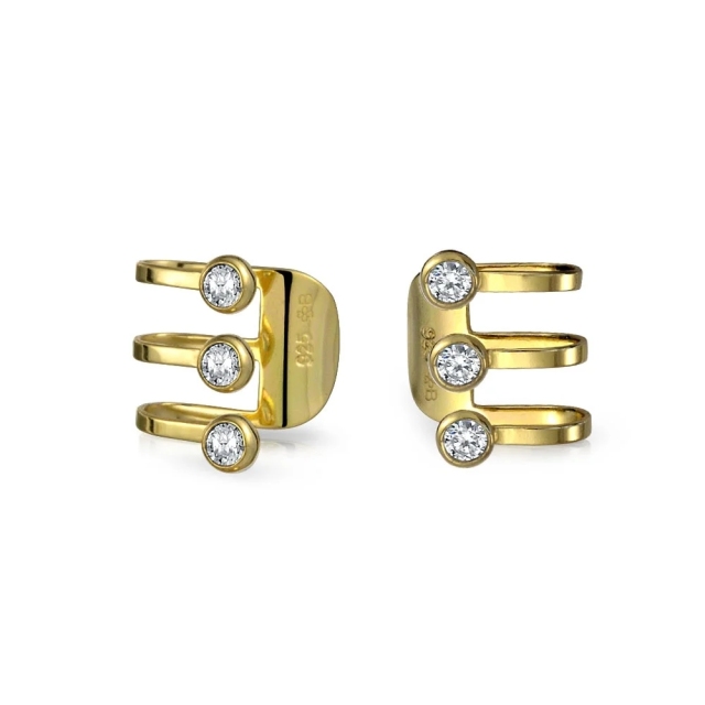 Minimalist Geometric CZ Bezel 3 Band Cartilage Ear Cuffs Clip Wrap Helix Earrings 14K Gold Plated Sterling Silver