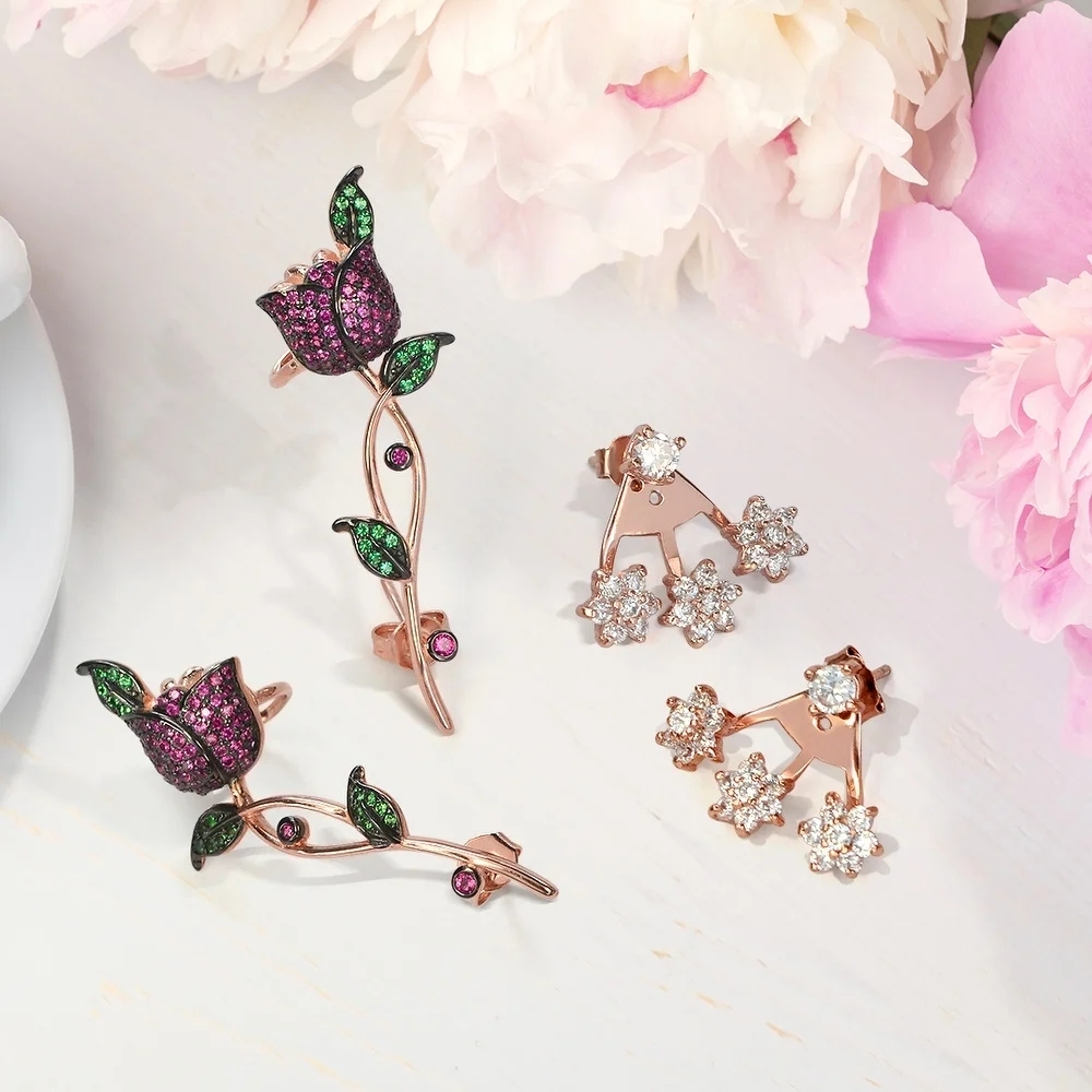 Flower Red Rose Flower Helix Ear Pin Climber Crawler Cartilage Lobe Earrings for Women for Teen Rose Gold Plated