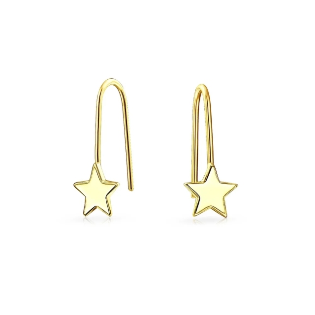Tiny Minimalist Celestial Star Threader Earrings for Women 14K Yellow Gold