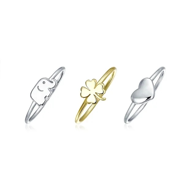 Delicate Minimalist 14K Gold Plated Sterling Silver Two Tone Lucky Clover Elephant Midi Knuckle Ring Set for Women