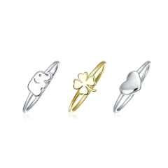 Delicate Minimalist 14K Gold Plated Sterling Silver Two Tone Lucky Clover Elephant Midi Knuckle Ring Set for Women