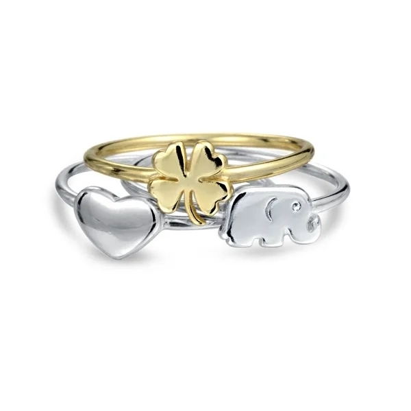 Delicate Minimalist 14K Gold Plated Sterling Silver Two Tone Lucky Clover Elephant Midi Knuckle Ring Set for Women