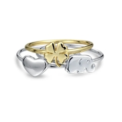 Delicate Minimalist 14K Gold Plated Sterling Silver Two Tone Lucky Clover Elephant Midi Knuckle Ring Set for Women