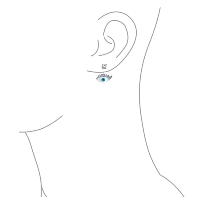 White Mop Evil Eye Lid Cubic Zirconia Ear Back Front Jacket CZ Stud Earrings for Women 925 Sterling Silver