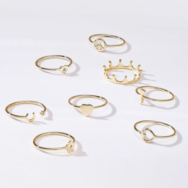 Prinsess Queen Bee Crown Heart Key Stackable Knuckle Midi Ring Set for Women 14K Gold Plated 925 Sterling Silver