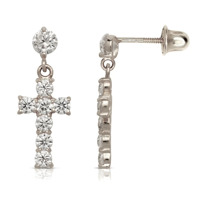 14K Yellow Gold or Rhodium Round Cubic Zirconia Drop Cross Stud Earrings