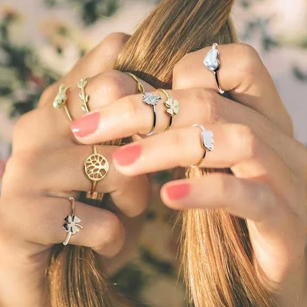 Delicate Minimalist 14K Gold Plated Sterling Silver Two Tone Lucky Clover Elephant Midi Knuckle Ring Set for Women