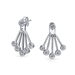Minimalist Geometric Round Bezel CZ Studs Fan Removable Ear Jacket Drop Earrings for Women Front Back Sterling Silver