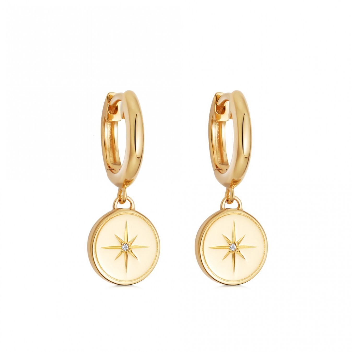 Landou Jewelry 925 Sterling Silver High Polish Compass Drop Earrings 14K Yellow Gold