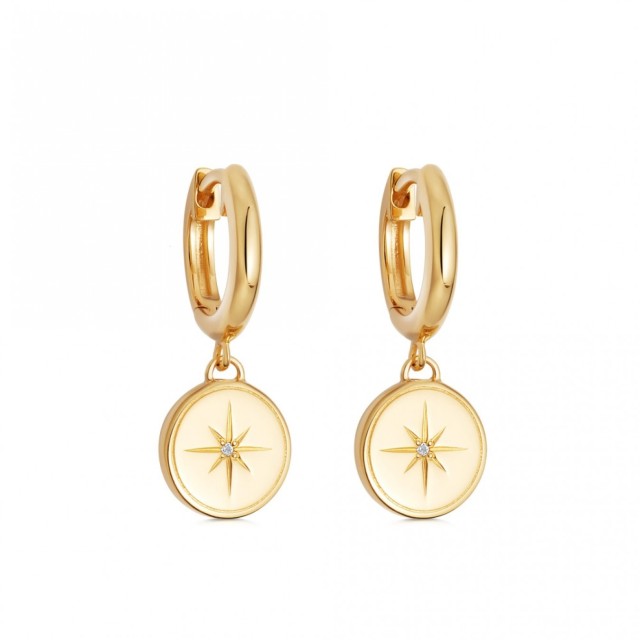 Landou Jewelry 925 Sterling Silver High Polish Compass Drop Earrings 14K Yellow Gold